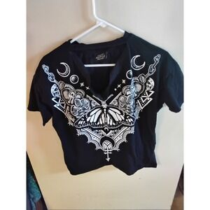 Restyle‎ Gothic Butterfly Moon Orchid Graphic Choker V-Neck Crop Top Black